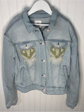 LuLaRoe Light Blue Denim Jacket with Green Embroidered Pockets